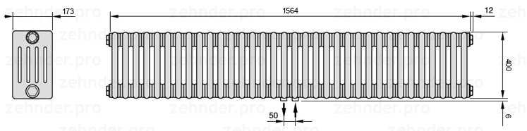 Схема (чертеж) Радиатор Zehnder Charleston 5040/34 №5410 Белый глянцевый RAL 9016